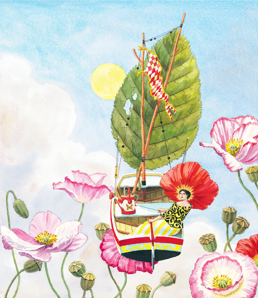 giclee print by Harrison Howard personified flower sailing in sky with poppies
