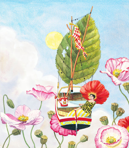 giclee print by Harrison Howard personified flower sailing in sky with poppies