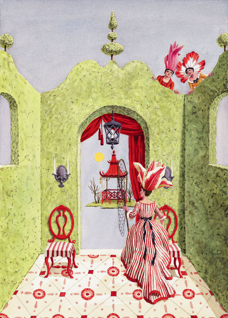 giclee print by Harrison Howard personified flowers with topiary hedge