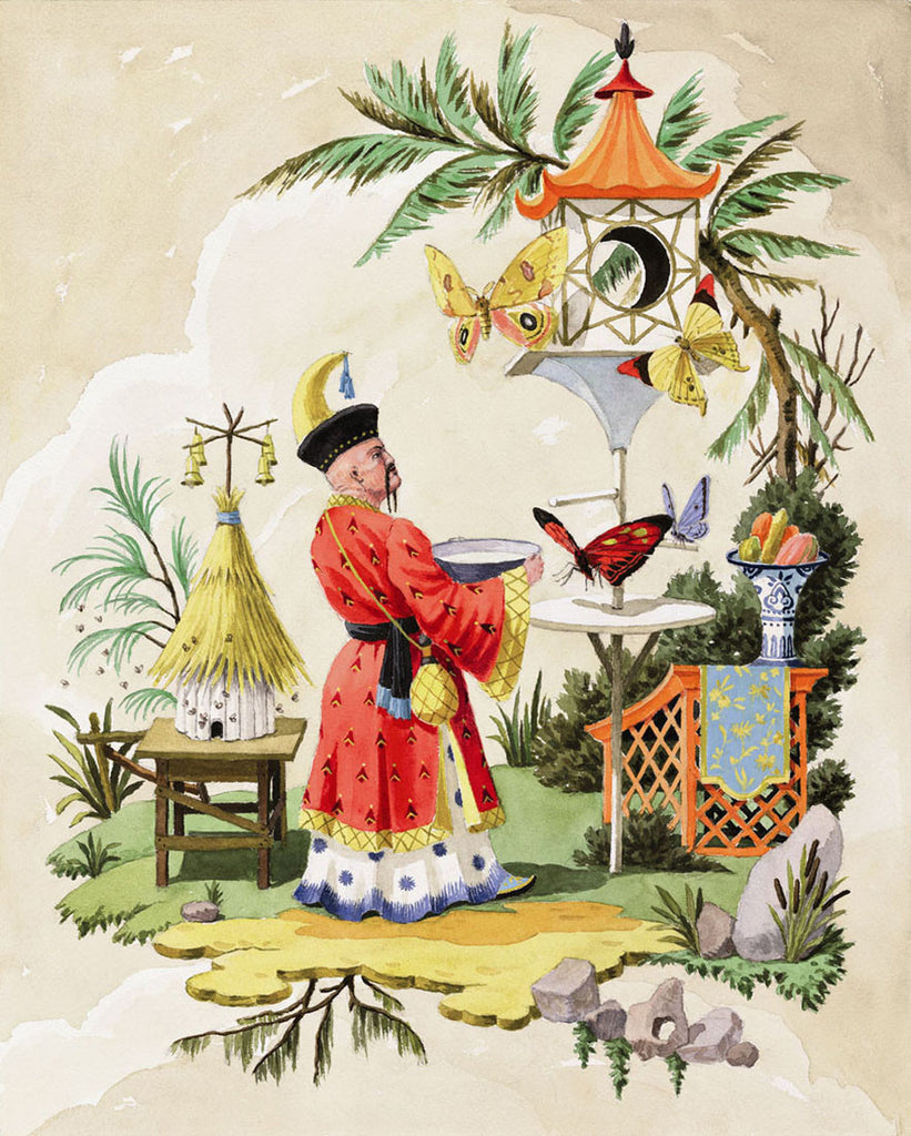 chinoiserie giclee print by Harrison Howard butterflies drinking water