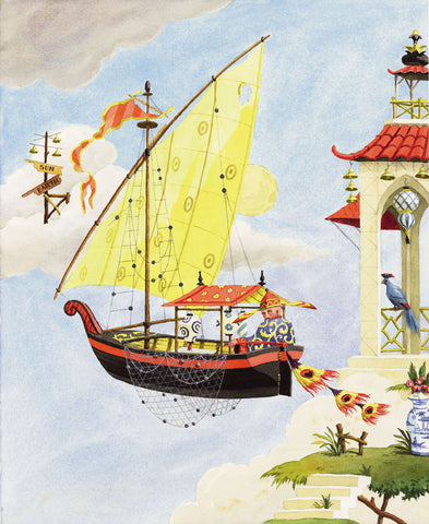 chinoiserie giclee print by Harrison Howard sailbot in sky with yellow sail