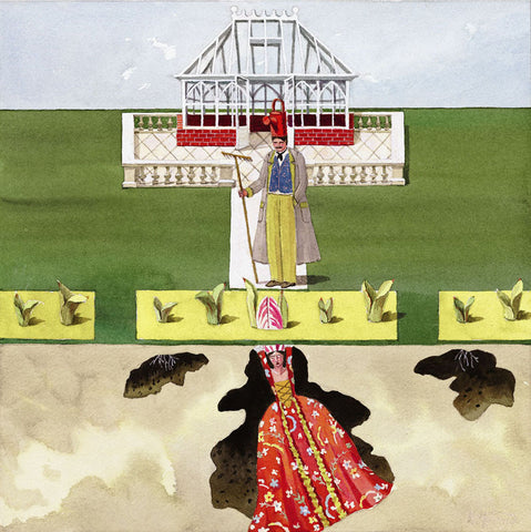 giclee print by Harrison Howard personified flower underground with gardner and greenhouse