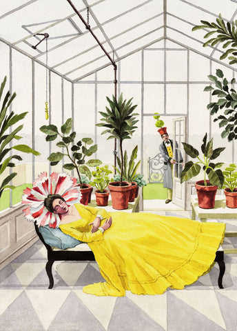 giclee print by Harrison Howard personified flower sleeping in greenhouse