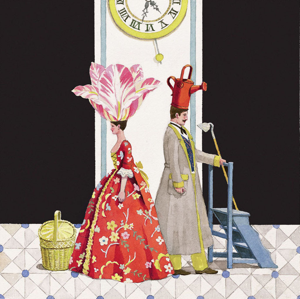 giclee print by Harrison Howard personified flower and gardener with clock