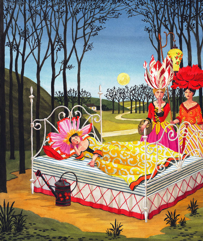 giclee print by Harrison Howard personified flower asleep on bed in woods