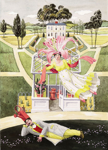 giclee print by harrison howard personified flower floats in air above dreaming gardener