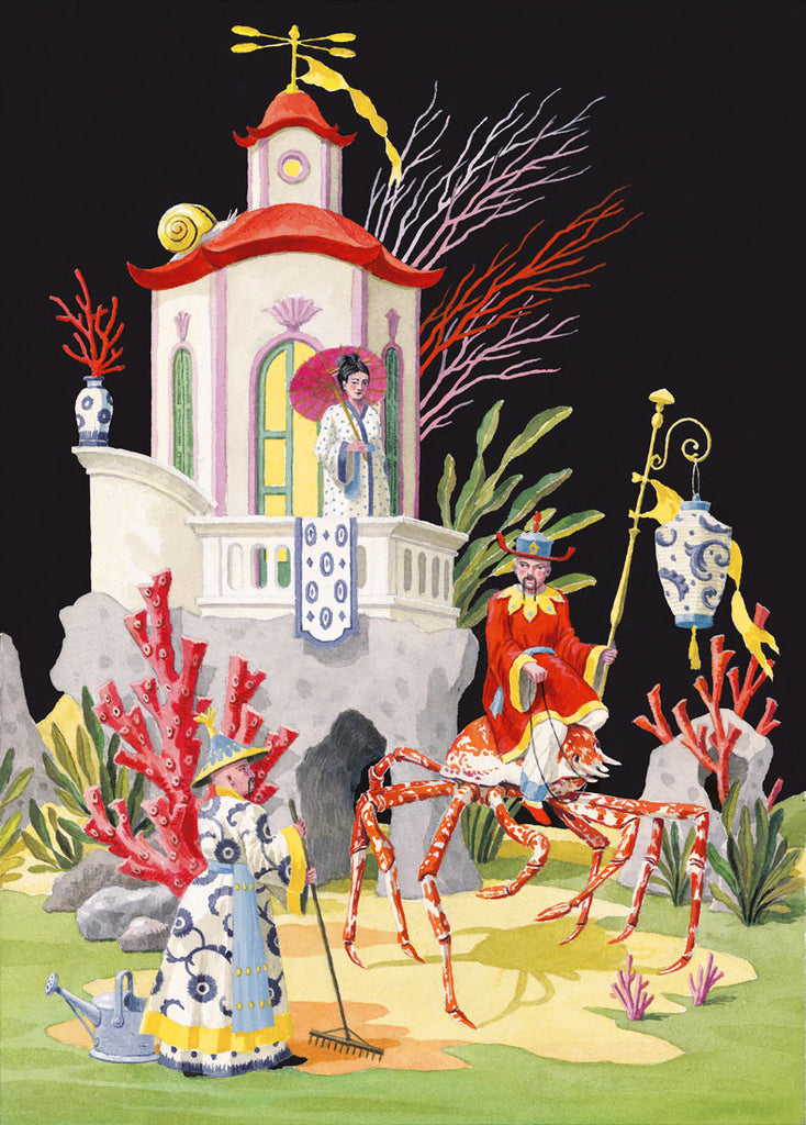 giclee print by harrison howard chinoiserie rider on crab undersea fantasy