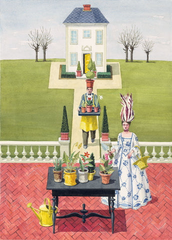 giclee print by Harrison Howard personified flower and gardener in garden