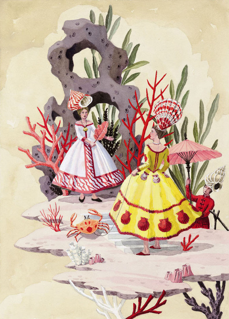 giclee print by Harrison Howard lady with shell dress walking pet crab