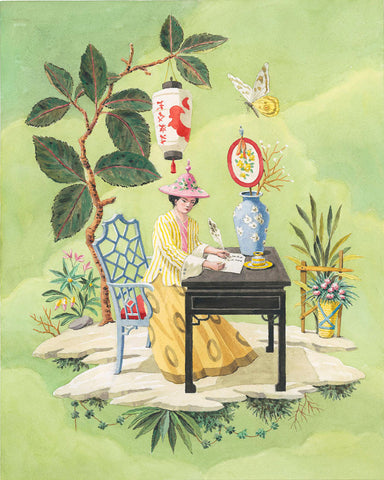giclee print by Harrison Howard chinoiserie woman writing a poem at a desk