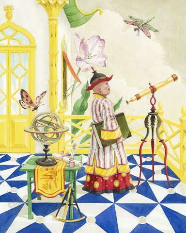 giclee print by Harrison Howard chinoiserie astronomer with telescope & armillary sphere