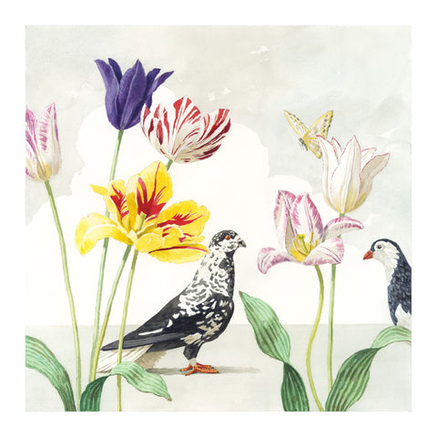 Tulips with Two Pigeons