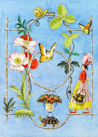 giclee print by Harrison Howard personified flower with rustic wood framework, flowers and butterflies