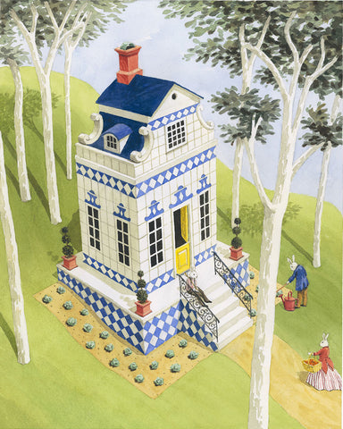 giclee print by Harrison Howard three rabbits with blue and white house in woods