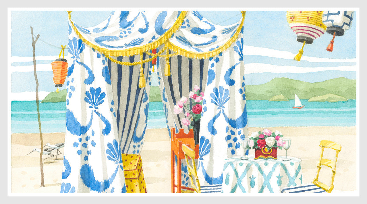giclee print by Harrison Howard blue and white beach tent with lanterns and suitcase