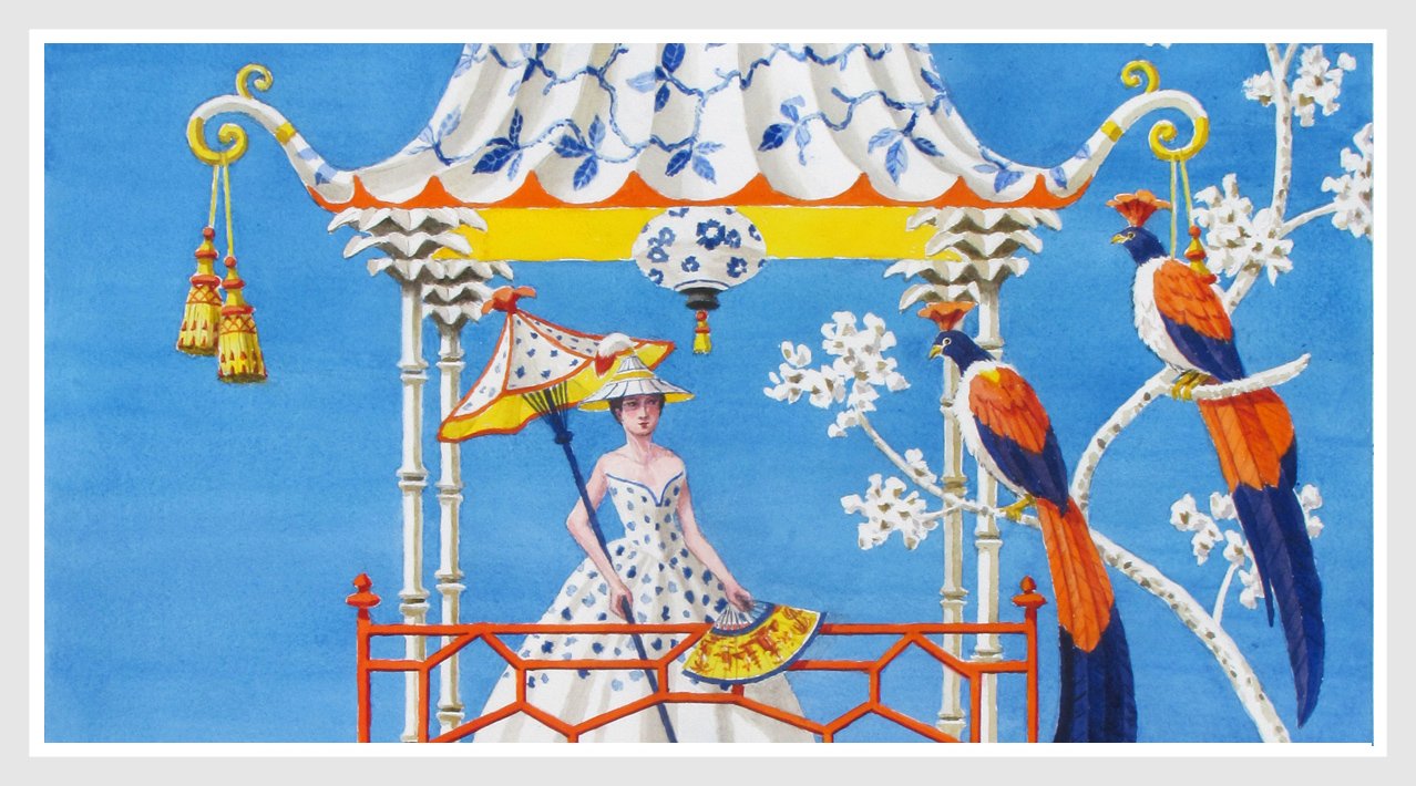 giclee print by Harrison Howard chinoiserie red pavilion with butterflies  & blue and white urns