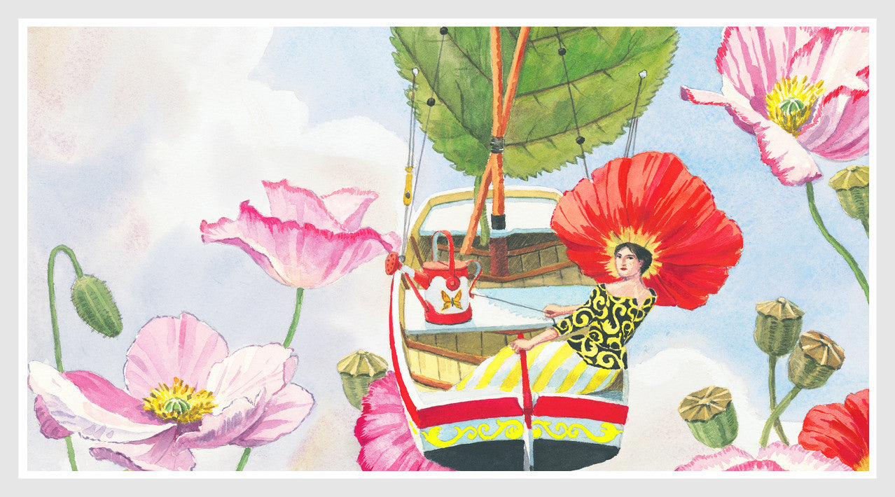 giclee print by Harrison Howard personified flower sailing in sky with poppies