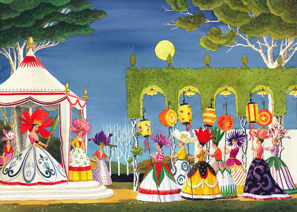 giclee print by Harrison Howard personified flowers at party with lanterns