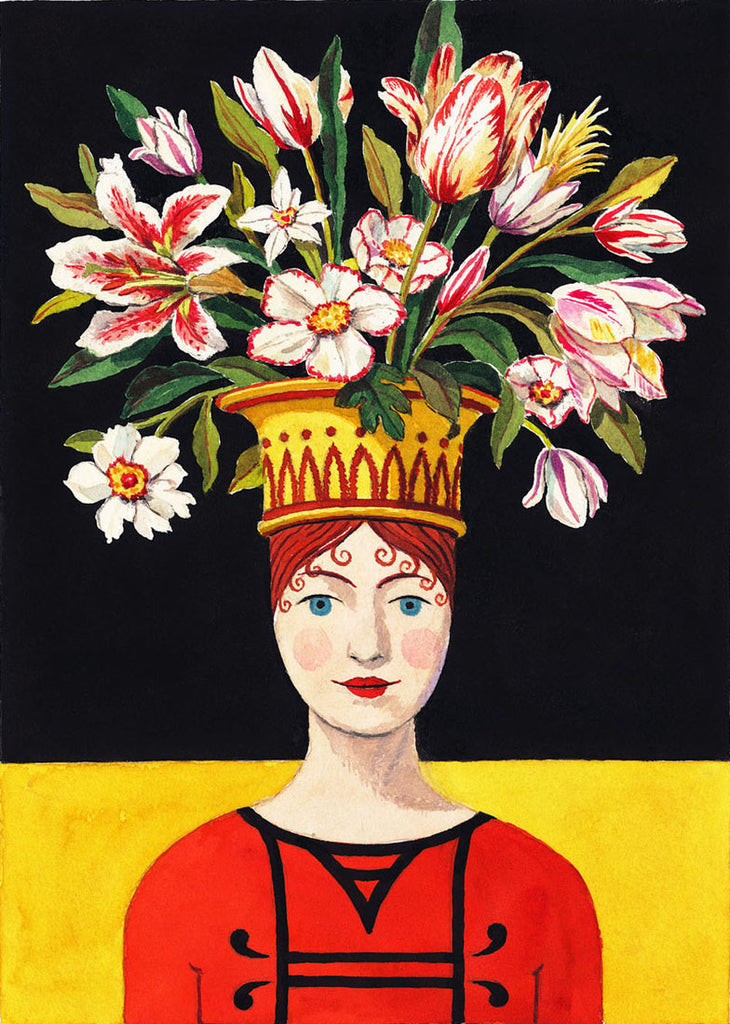giclee print by Harrison Howard personified flower lady with bouquet on head