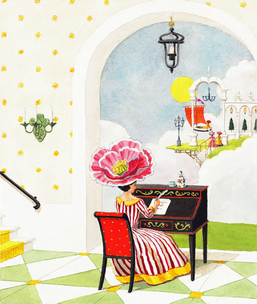 giclee print by Harrison Howard personified flower lady writing at desk