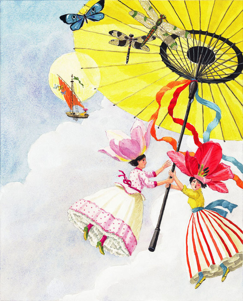 giclee print by Harrison Howard personified flowers in sky with yellow parasol