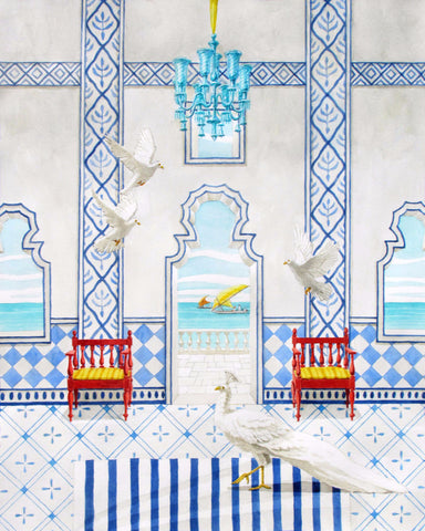 giclee primt of imaginary palace in Goa with peafowl and doves
