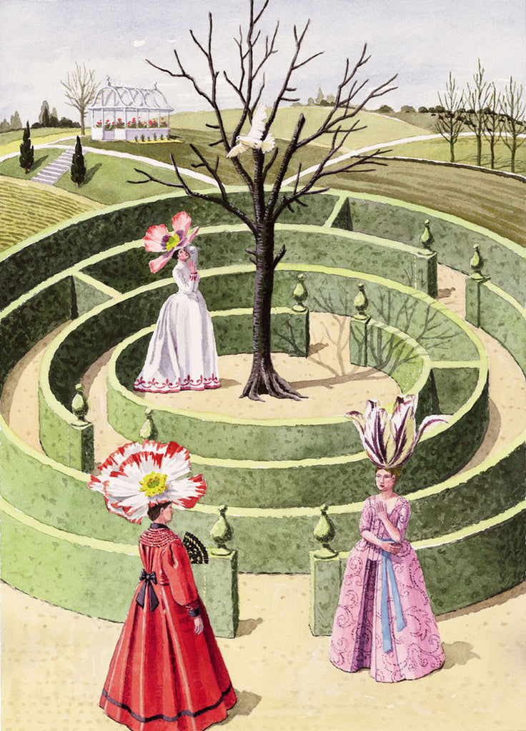 giclee print by Harrison Howard personified flowers in maze with doves and garden
