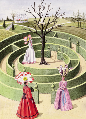 giclee print by Harrison Howard personified flowers in maze with doves and garden