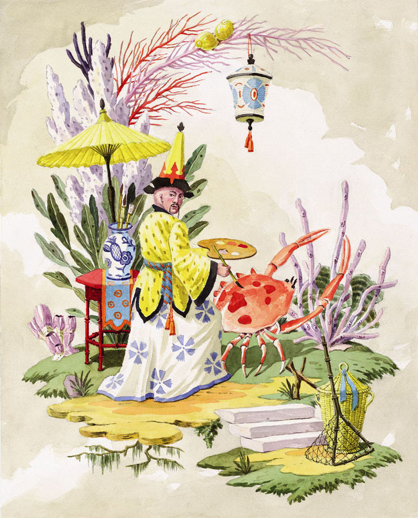 giclee print by Harrison Howard chinoiserie man painting spots on a crab with coral behind them