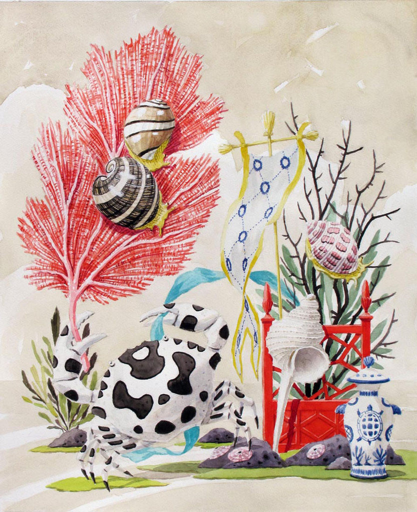 giclee print by Harrison Howard crab dancing with fan coral and shells