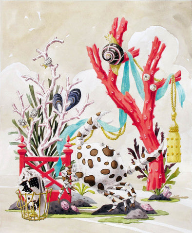 giclee print by Harrison Howard crab dancing with coral, shells, and ribbon