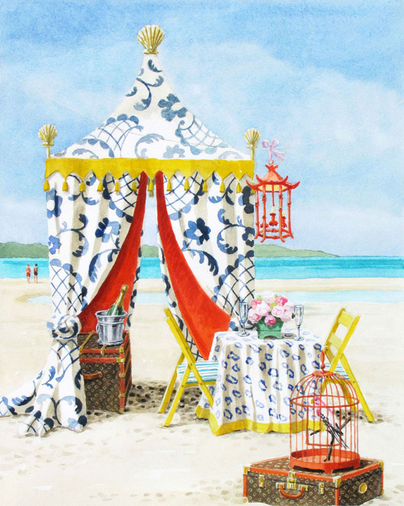 giclee print by Harrison Howard beach tent with table set for two