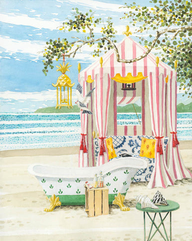 giclee print by Harrison Howard beach tent with tub on the sand