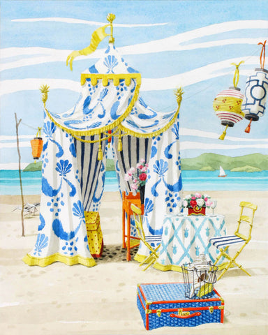 giclee print by Harrison Howard blue and white beach tent with lanterns and suitcase