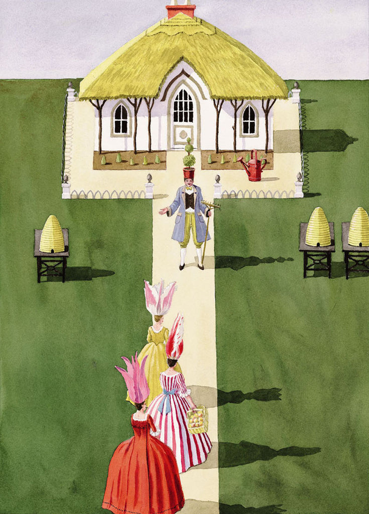 giclee print by Harrison Howard personified flowers with gardener and cottage