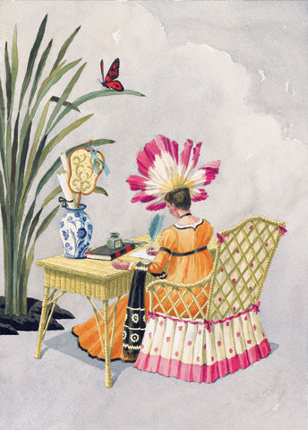 giclee print by Harrison Howard personified flower at wicker writing desk