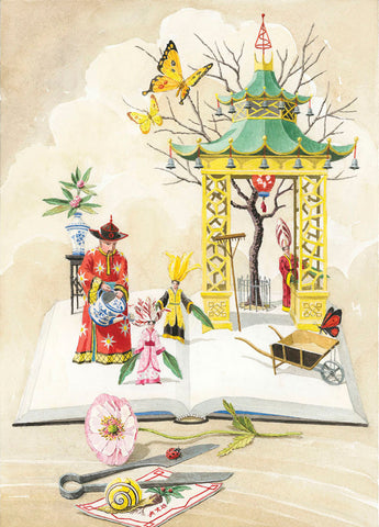 giclee print by Harrison Howard chinoiserie gardener with personified flowers