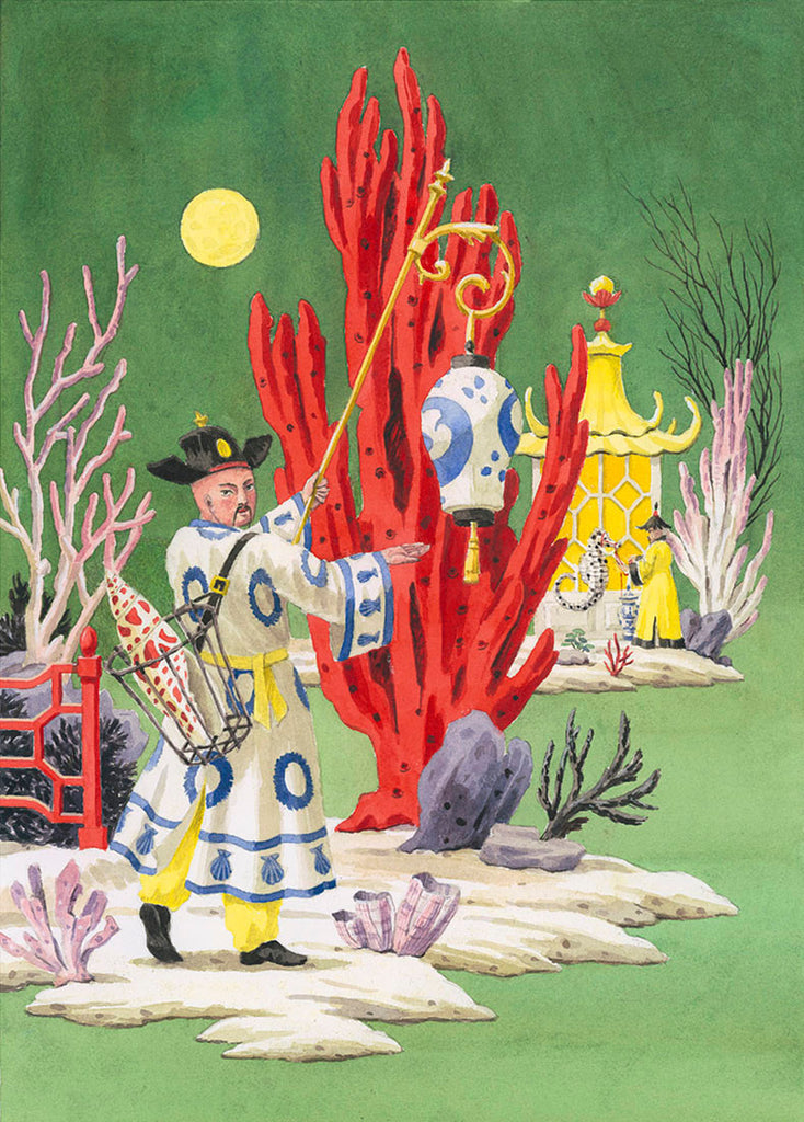 giclee print by Harrison Howard chinoiserie man with shells, coral and green background