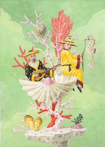 giclee print by Harrison Howard chinoiserie men sitting on shell with coral and seahorse