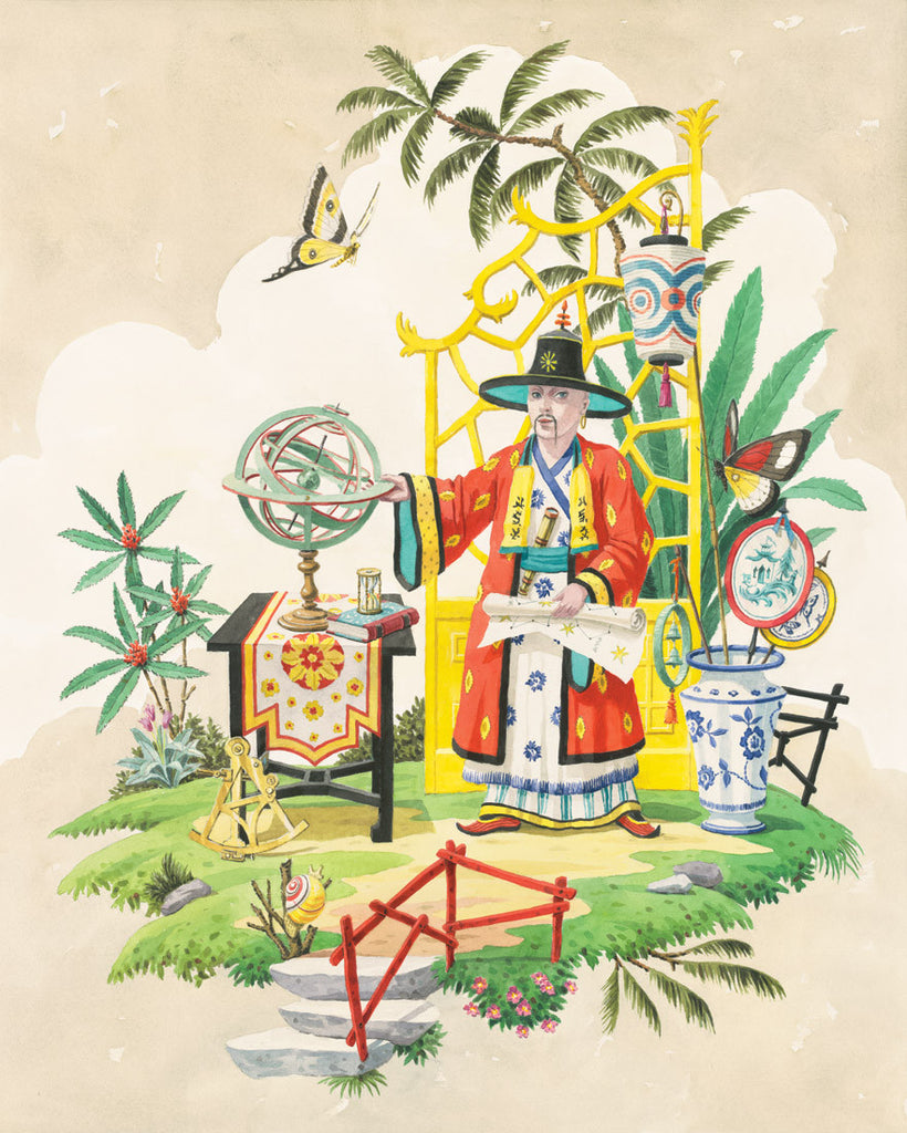 giclee print by Harrison Howard chinoiserie astronomer with armillary sphere and butterflies