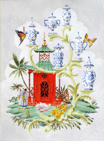 giclee print by Harrison Howard chinoiserie red pavilion with butterflies & blue and white urns