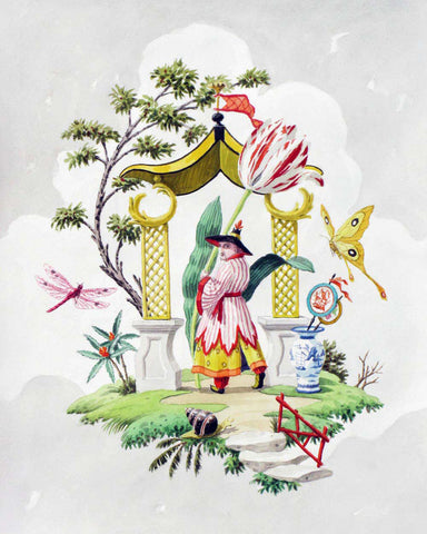 giclee print by Harrison Howard chinoiserie man with tulip, butterflies, and portal