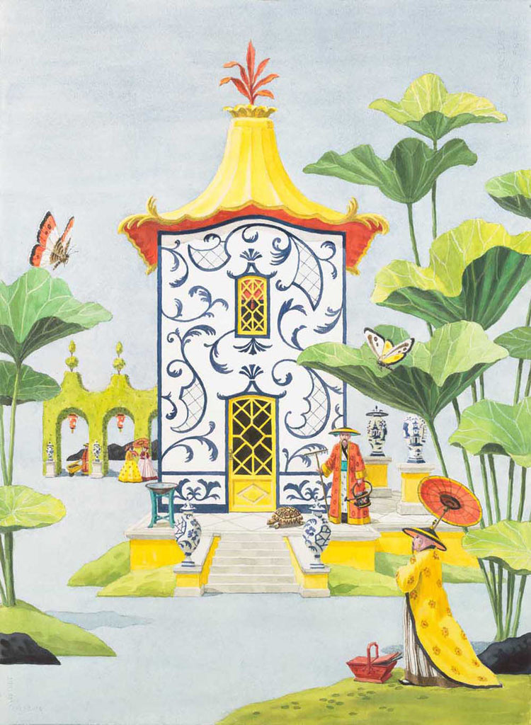 giclee print by Harrison Howard chinoiserie pavilion with leaves