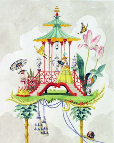 giclee print by Harrison Howard chinoiserie pavilion with a couple, butterflies, and tulips