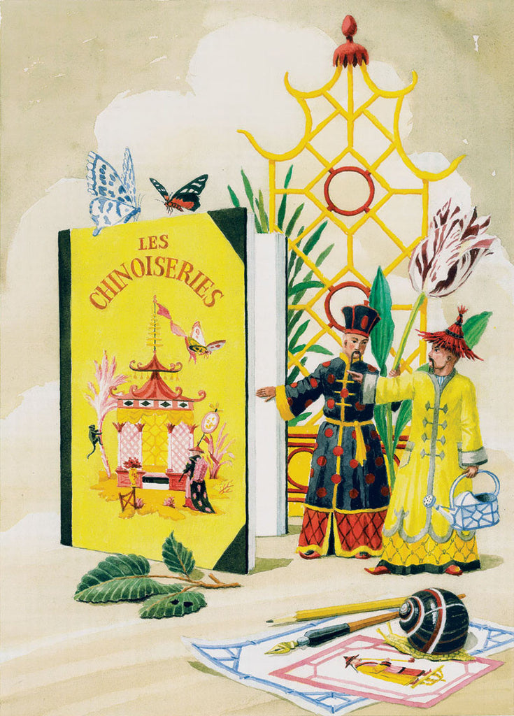 giclee print by Harrison Howard chinoiserie gardners with book, butterflies, & snail