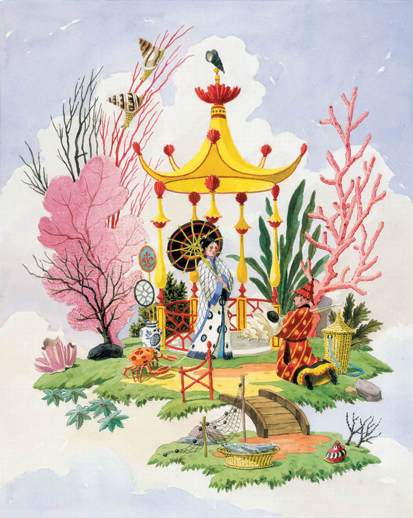 giclee print by Harrison Howard chinoiserie couple with shell pavilion