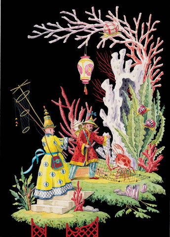 giclee print by Harrison Howard chinoiserie fishermen capturing a crab