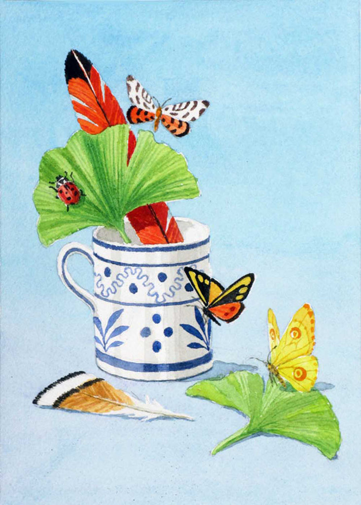 giclee print of of blue & white cup, feathers, leaves, & butterflies