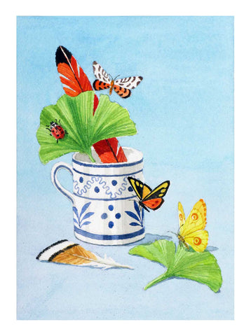 giclee print by Harrison Howard blue and white cup with feathers, butterflies & leaves