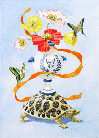 giclee print by Harrison Howard turtle, blue and white urn, butterflies & flowers